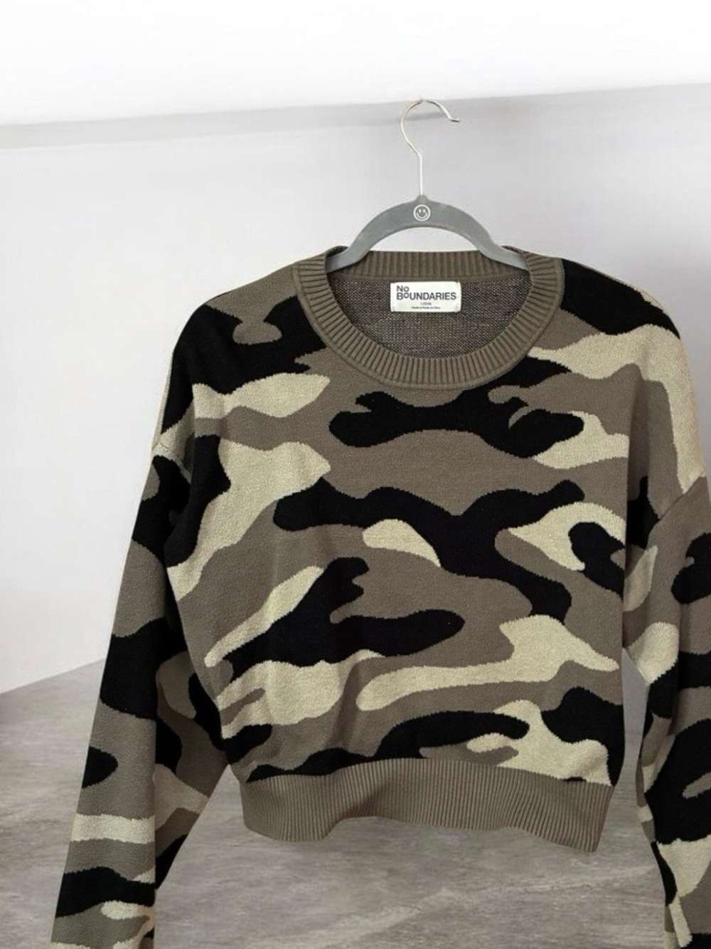 No Boundaries Women's Olive Camo Crewneck Sweater